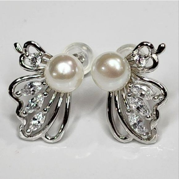 925S White Cultured Freshwater Pearl Butterfly Earrings - Picture 10 of 16